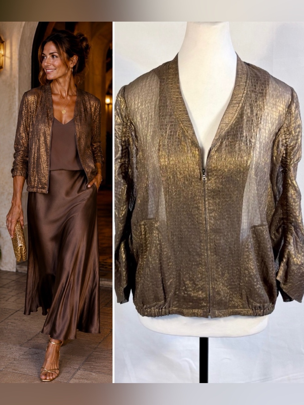 Diane von Furstenberg Metallic Chiffon Zip Jacket Copper Brown Shimmer Sz 6 💚